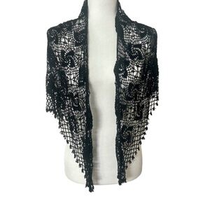 Black Beaded Womens Crochet Lace Shawl Wrap Scarf Triangle Fringe Evening Cover